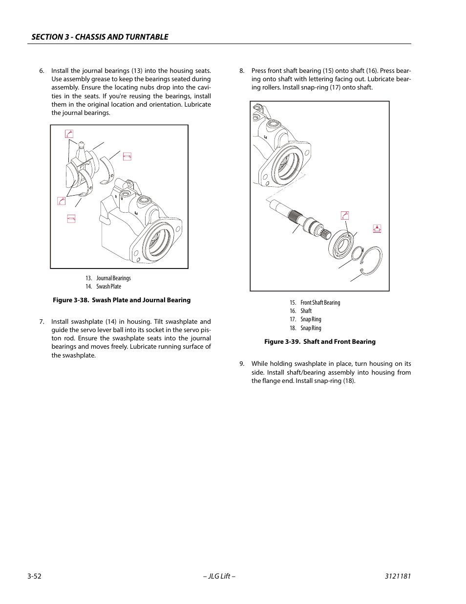 Swash plate and journal bearing -52, Shaft and front bearing -52 | JLG 510AJ Service Manual User Manual | Page 94 / 402