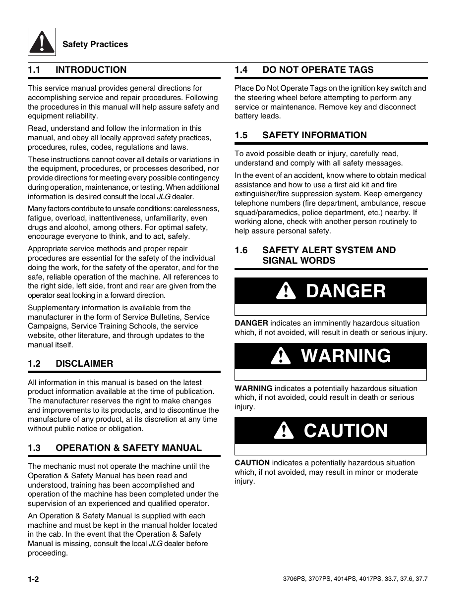 1 introduction, 2 disclaimer, 3 operation & safety manual | 4 do not operate tags, 5 safety information, 6 safety alert system and signal words, Introduction, Disclaimer, Operation & safety manual, Do not operate tags | JLG 4017PS Service Manual User Manual | Page 10 / 264