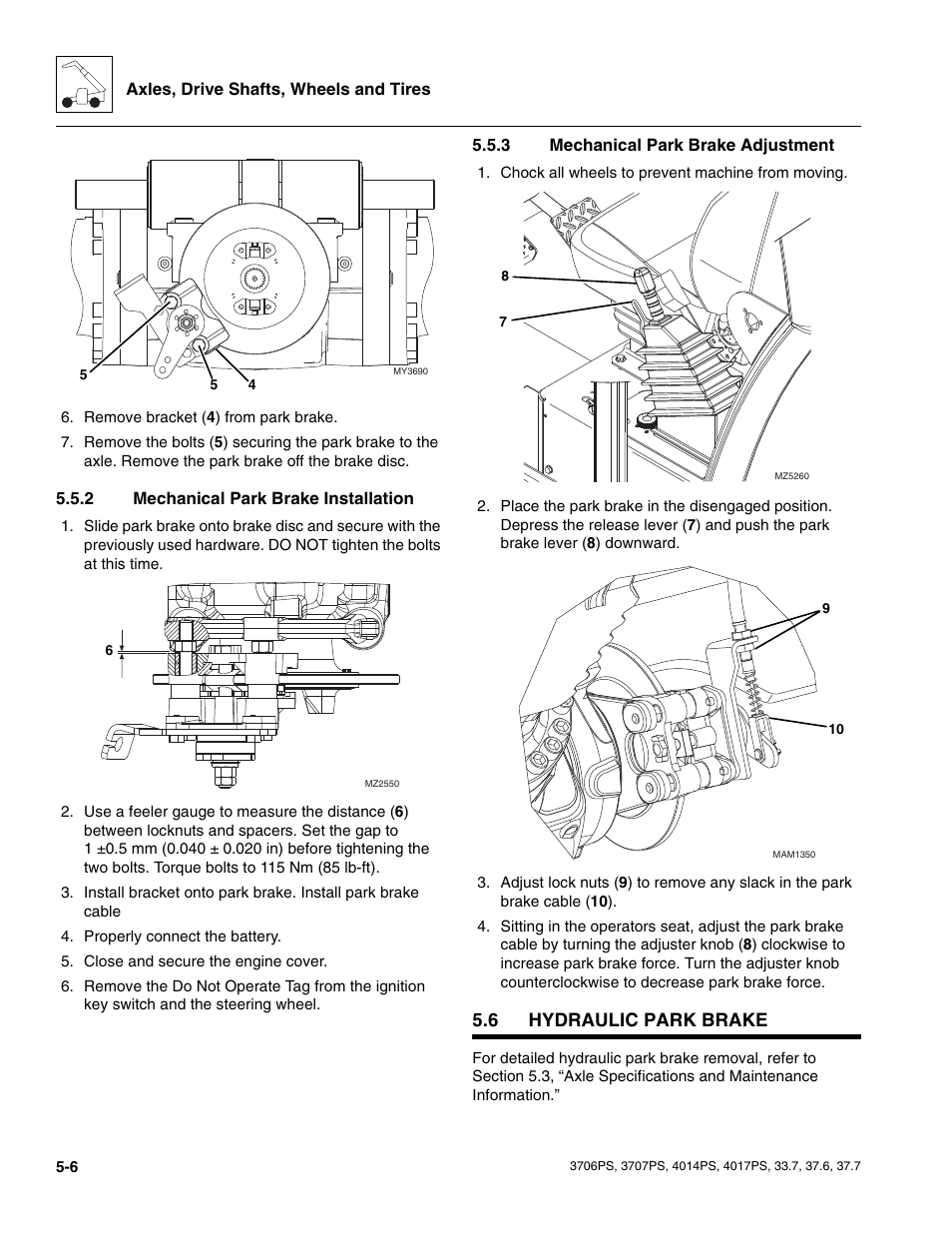 2 mechanical park brake installation, 3 mechanical park brake adjustment, 6 hydraulic park brake | Hydraulic park brake, Mechanical park brake installation, Mechanical park brake adjustment | JLG 4017PS Service Manual User Manual | Page 102 / 264