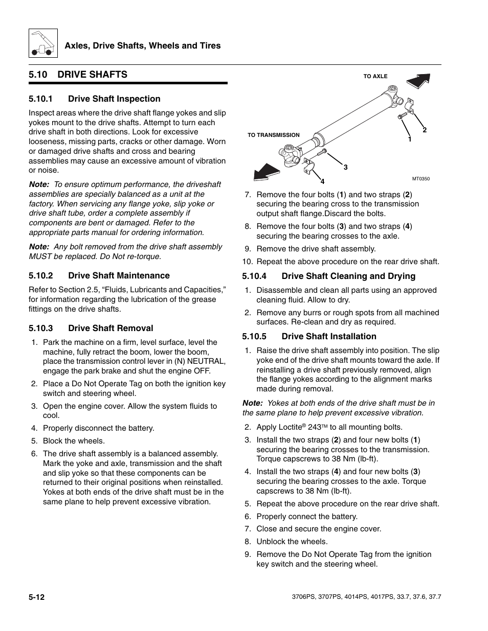 10 drive shafts, 1 drive shaft inspection, 2 drive shaft maintenance | 3 drive shaft removal, 4 drive shaft cleaning and drying, 5 drive shaft installation, Drive shafts, Drive shaft inspection, Drive shaft maintenance, Drive shaft removal | JLG 4017PS Service Manual User Manual | Page 108 / 264