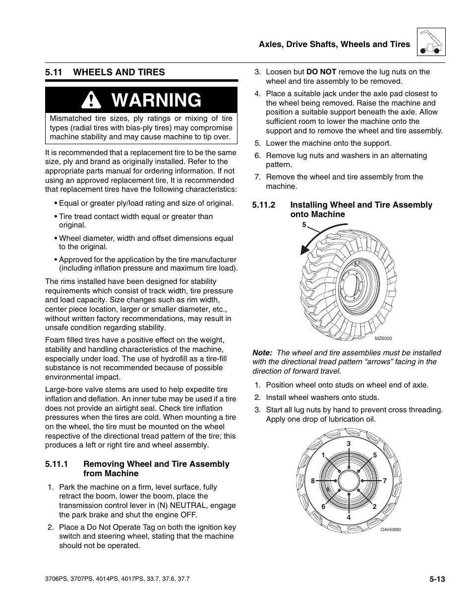 11 wheels and tires, 1 removing wheel and tire assembly from machine, 2 installing wheel and tire assembly onto machine | Wheels and tires, Removing wheel and tire assembly from machine, Installing wheel and tire assembly onto machine, Warning | JLG 4017PS Service Manual User Manual | Page 109 / 264