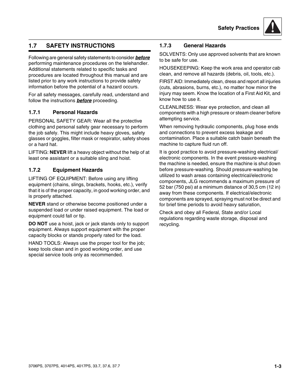 7 safety instructions, 1 personal hazards, 2 equipment hazards | 3 general hazards, Safety instructions, Personal hazards, Equipment hazards, General hazards | JLG 4017PS Service Manual User Manual | Page 11 / 264