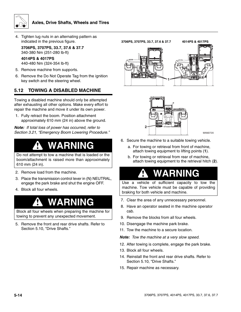 12 towing a disabled machine, Towing a disabled machine, Warning | JLG 4017PS Service Manual User Manual | Page 110 / 264