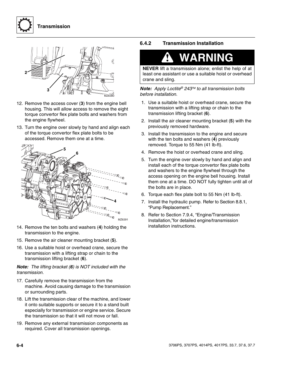 2 transmission installation, Transmission installation, Warning | JLG 4017PS Service Manual User Manual | Page 114 / 264
