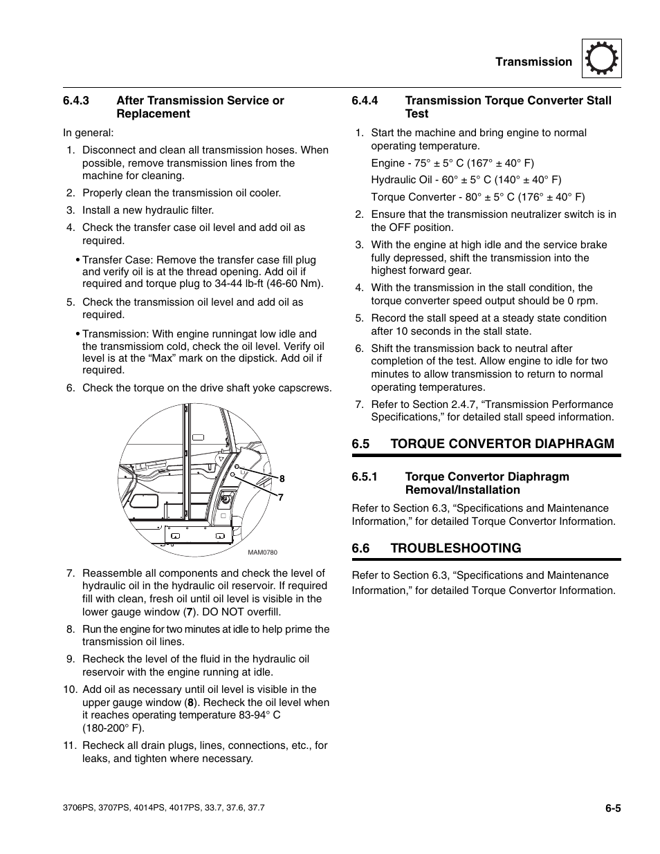 3 after transmission service or replacement, 4 transmission torque converter stall test, 5 torque convertor diaphragm | 1 torque convertor diaphragm removal/installation, 6 troubleshooting, Torque convertor diaphragm, Troubleshooting, After transmission service or replacement, Transmission torque converter stall test, Torque convertor diaphragm removal/installation | JLG 4017PS Service Manual User Manual | Page 115 / 264