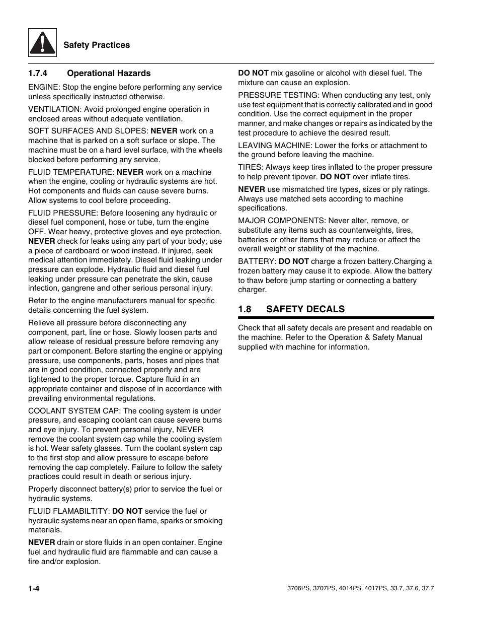 4 operational hazards, 8 safety decals, Safety decals | Operational hazards | JLG 4017PS Service Manual User Manual | Page 12 / 264
