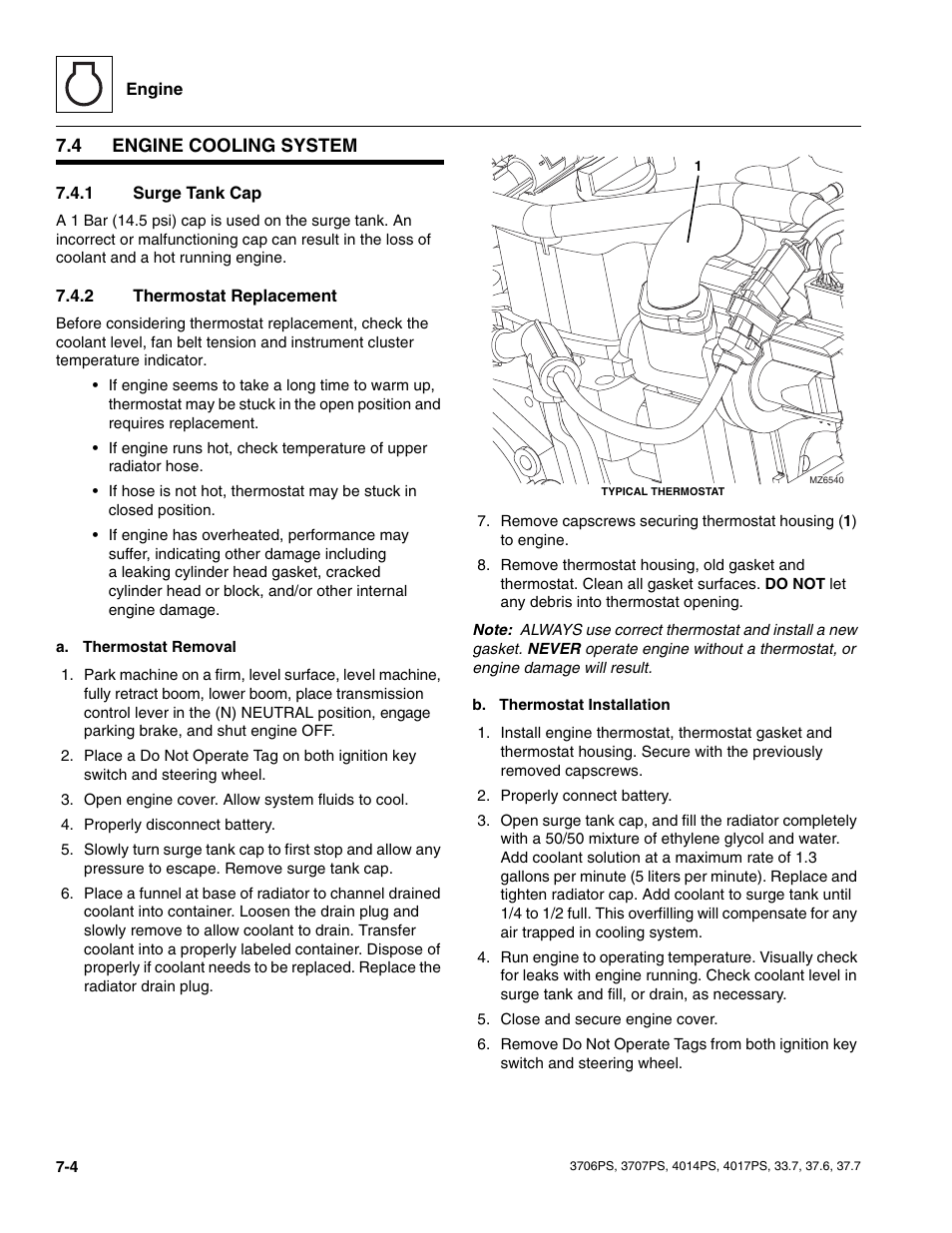 4 engine cooling system, 1 surge tank cap, 2 thermostat replacement | Engine cooling system, Surge tank cap, Thermostat replacement | JLG 4017PS Service Manual User Manual | Page 120 / 264
