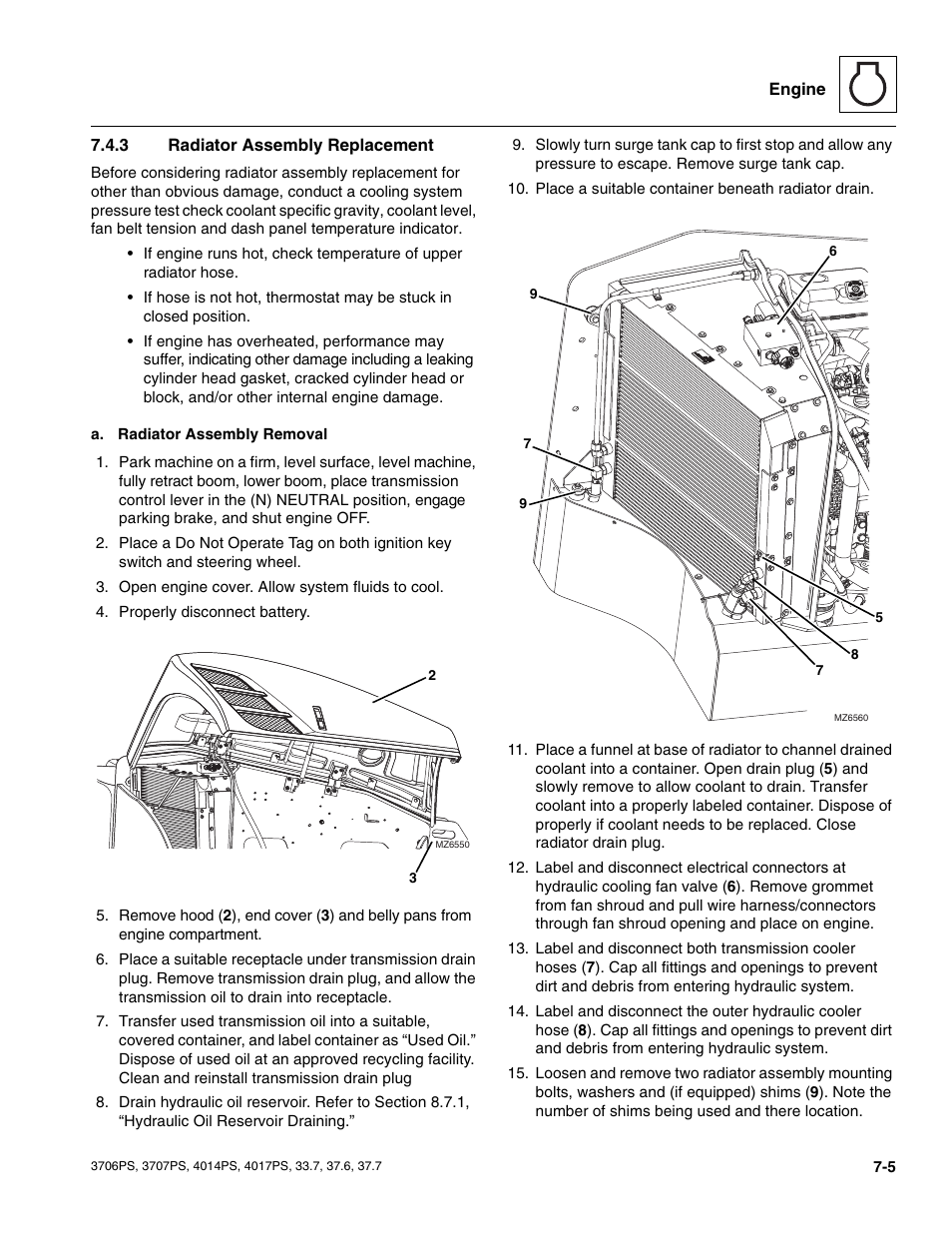 3 radiator assembly replacement, Radiator assembly replacement | JLG 4017PS Service Manual User Manual | Page 121 / 264