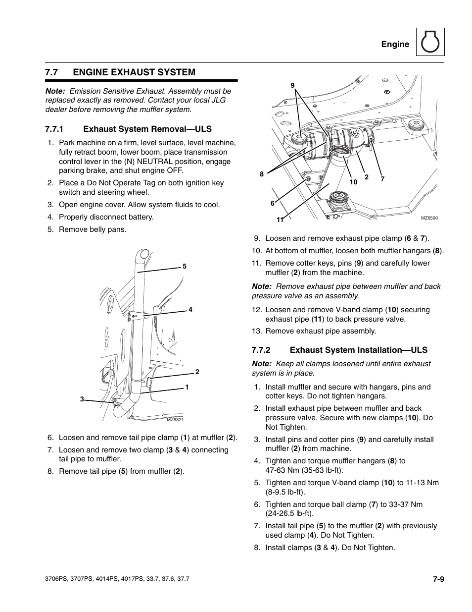 7 engine exhaust system, 1 exhaust system removal—uls, 2 exhaust system installation—uls | Engine exhaust system, Exhaust system removal—uls, Exhaust system installation—uls | JLG 4017PS Service Manual User Manual | Page 125 / 264