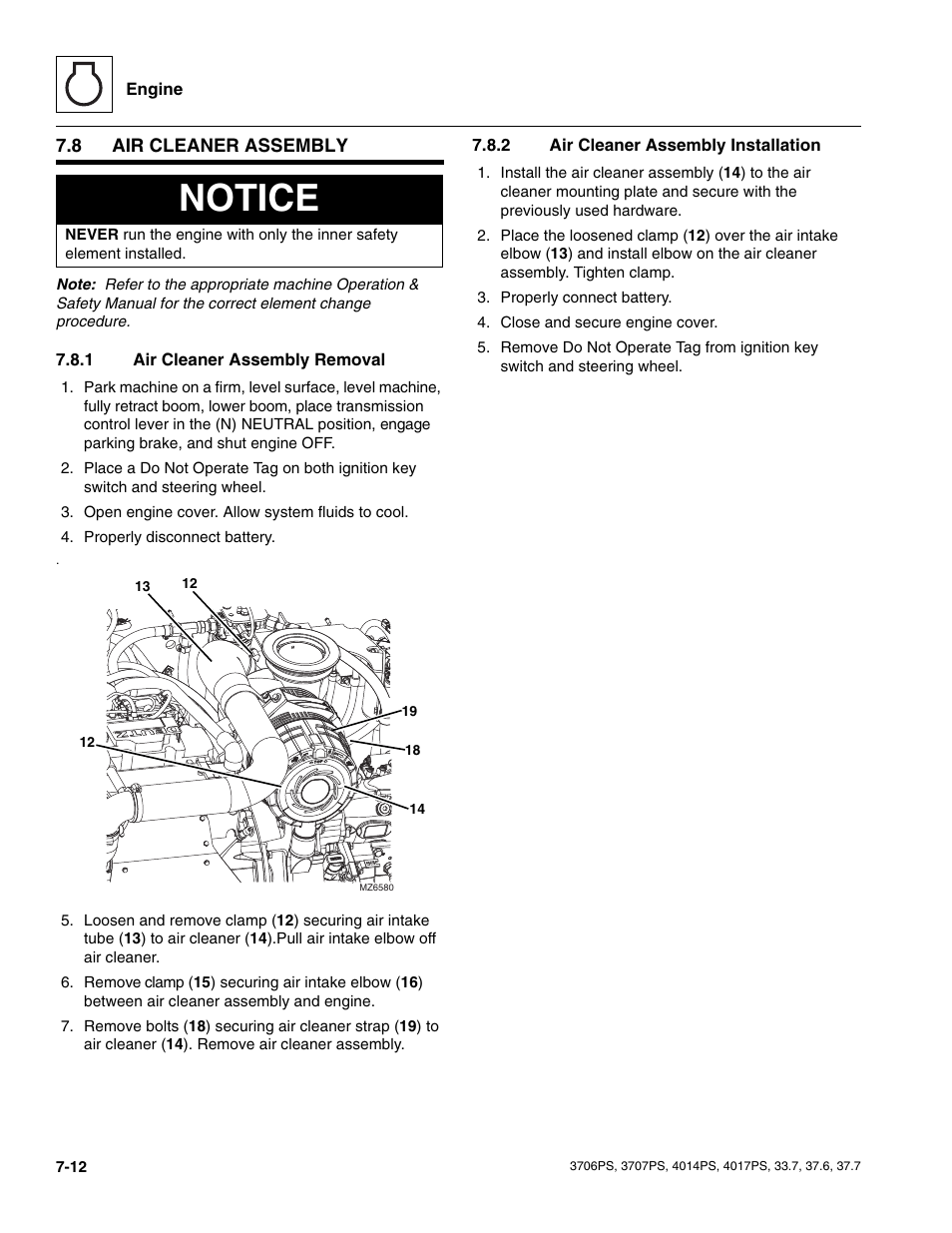 8 air cleaner assembly, 1 air cleaner assembly removal, 2 air cleaner assembly installation | Air cleaner assembly, Air cleaner assembly removal, Air cleaner assembly installation, Notice | JLG 4017PS Service Manual User Manual | Page 128 / 264