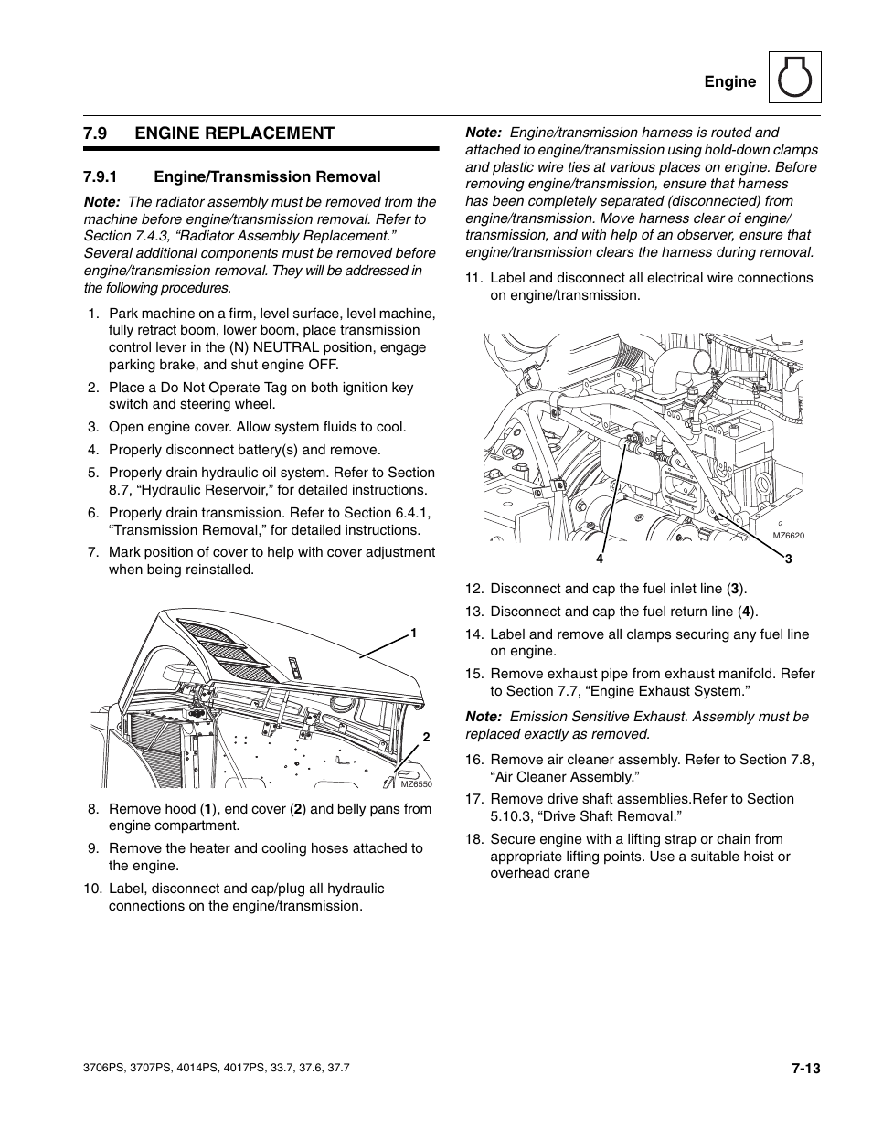 9 engine replacement, 1 engine/transmission removal, Engine replacement | O section 7.9, “engine replacement, Engine/transmission removal | JLG 4017PS Service Manual User Manual | Page 129 / 264
