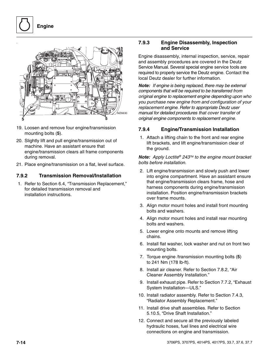 2 transmission removal/installation, 3 engine disassembly, inspection and service, 4 engine/transmission installation | Section 7.9.4, “engine/transmission, Installation,”f, Transmission removal/installation, Engine disassembly, inspection and service, Engine/transmission installation | JLG 4017PS Service Manual User Manual | Page 130 / 264
