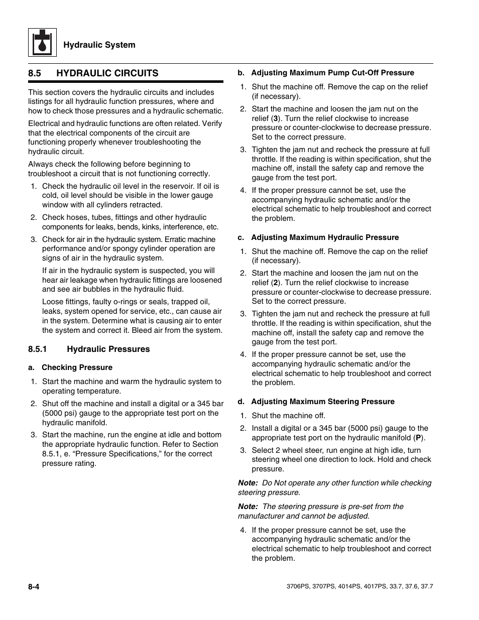 5 hydraulic circuits, 1 hydraulic pressures, Hydraulic circuits | Section 8.5, “hydraulic, Circuits, Hydraulic pressures, Section 8.5.1, “hydraulic pressures, Section 8.5.1, “hydraulic pressures,” f | JLG 4017PS Service Manual User Manual | Page 136 / 264