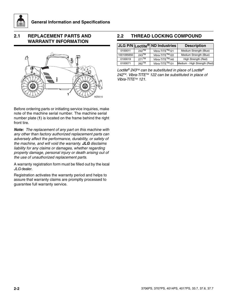 1 replacement parts and warranty information, 2 thread locking compound, Replacement parts and warranty information | Thread locking compound, General information and specifications | JLG 4017PS Service Manual User Manual | Page 14 / 264