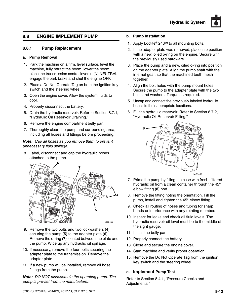 8 engine implement pump, 1 pump replacement, Engine implement pump | Section 8.8.1, “pump replacement, Section 8.8.1, Pump replacement | JLG 4017PS Service Manual User Manual | Page 145 / 264