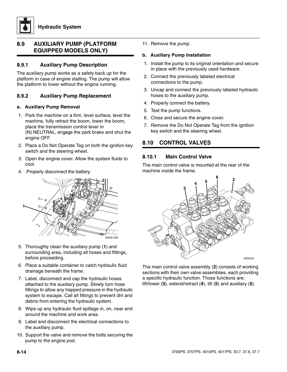 9 auxiliary pump (platform equipped models only), 1 auxiliary pump description, 2 auxiliary pump replacement | 10 control valves, 1 main control valve, Auxiliary pump (platform equipped models only), Control valves, Auxiliary pump description, Auxiliary pump replacement, Main control valve | JLG 4017PS Service Manual User Manual | Page 146 / 264