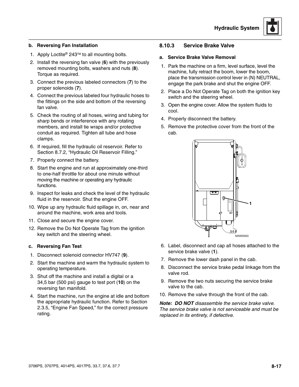 3 service brake valve, Section 8.10.3, “service brake valve,” f, Section 8.10.3, “service brake valve,” for | Service brake valve | JLG 4017PS Service Manual User Manual | Page 149 / 264