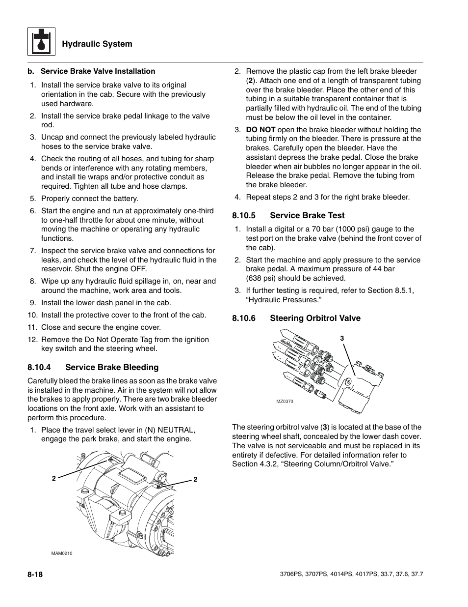 4 service brake bleeding, 5 service brake test, 6 steering orbitrol valve | Section 8.10.4, Service brake bleeding, Service brake test, Steering orbitrol valve | JLG 4017PS Service Manual User Manual | Page 150 / 264