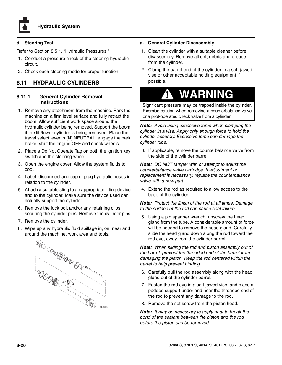 11 hydraulic cylinders, 1 general cylinder removal instructions, Hydraulic cylinders | Section, 1, “general cylinder removal instructions, O section, General cylinder removal instructions, Warning | JLG 4017PS Service Manual User Manual | Page 152 / 264