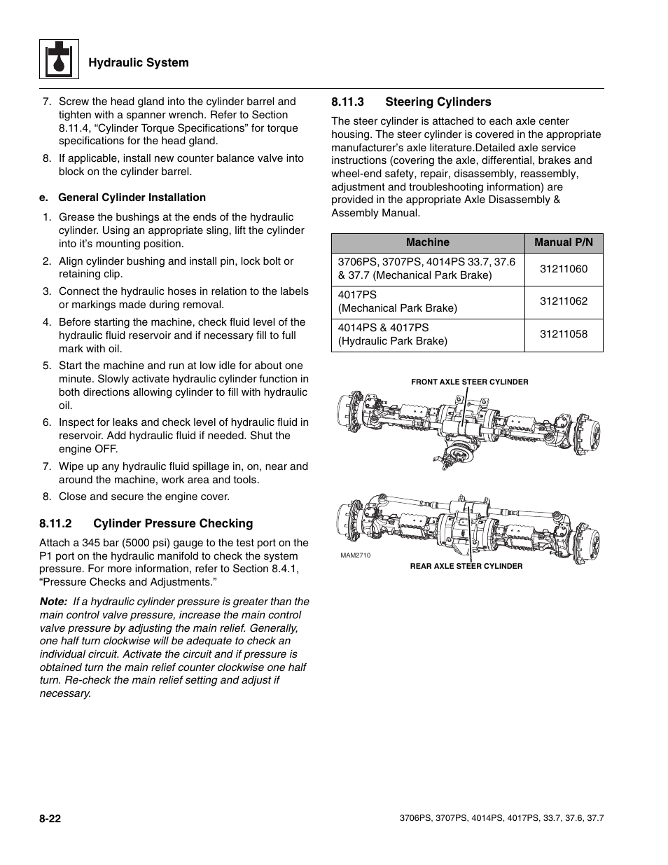 2 cylinder pressure checking, 3 steering cylinders, Cylinder pressure checking | Steering cylinders | JLG 4017PS Service Manual User Manual | Page 154 / 264