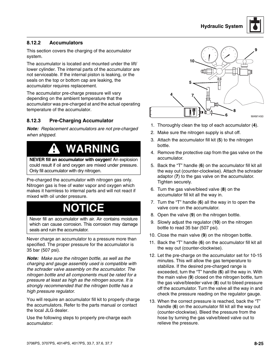 2 accumulators, 3 pre-charging accumulator, Accumulators | Pre-charging accumulator, Warning, Notice | JLG 4017PS Service Manual User Manual | Page 157 / 264
