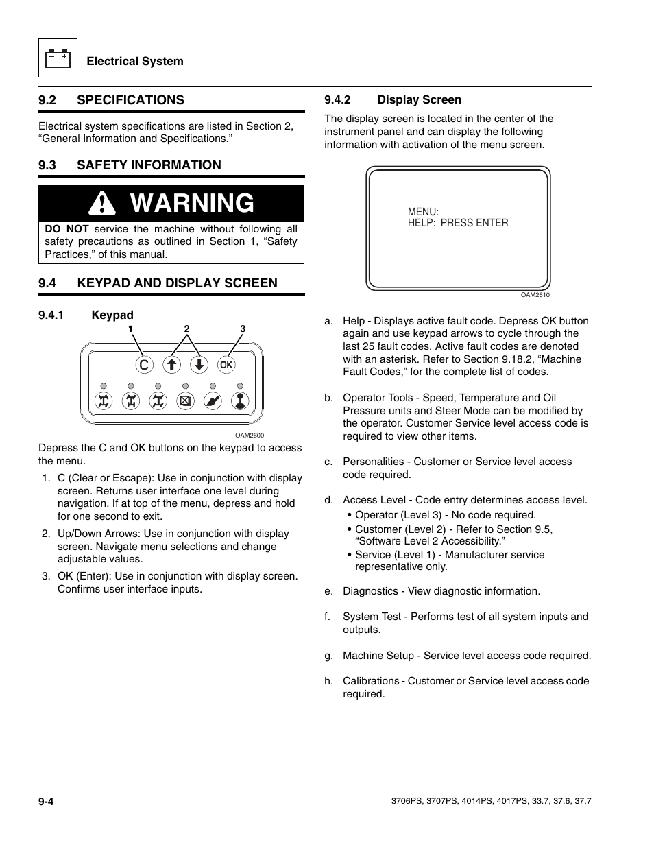 2 specifications, 3 safety information, 4 keypad and display screen | 1 keypad, 2 display screen, Specifications, Safety information, Keypad and display screen, Keypad, Display screen | JLG 4017PS Service Manual User Manual | Page 162 / 264