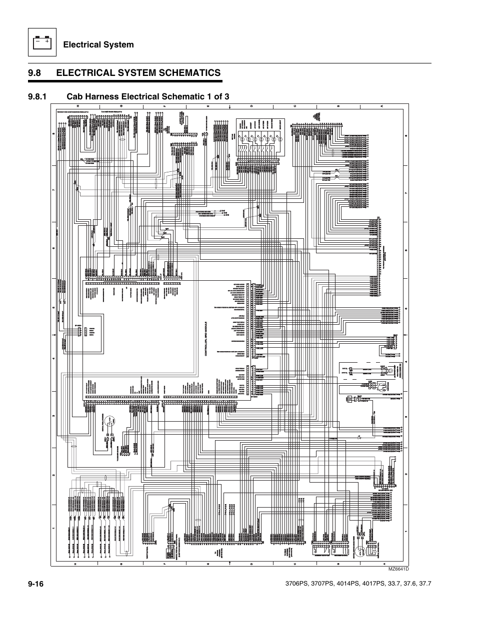 8 electrical system schematics, 1 cab harness electrical schematic 1 of 3, Electrical system schematics | Section 9.8, “electrical system schematics, Cab harness electrical schematic 1 of 3, Electrical system, Mz6641d | JLG 4017PS Service Manual User Manual | Page 174 / 264