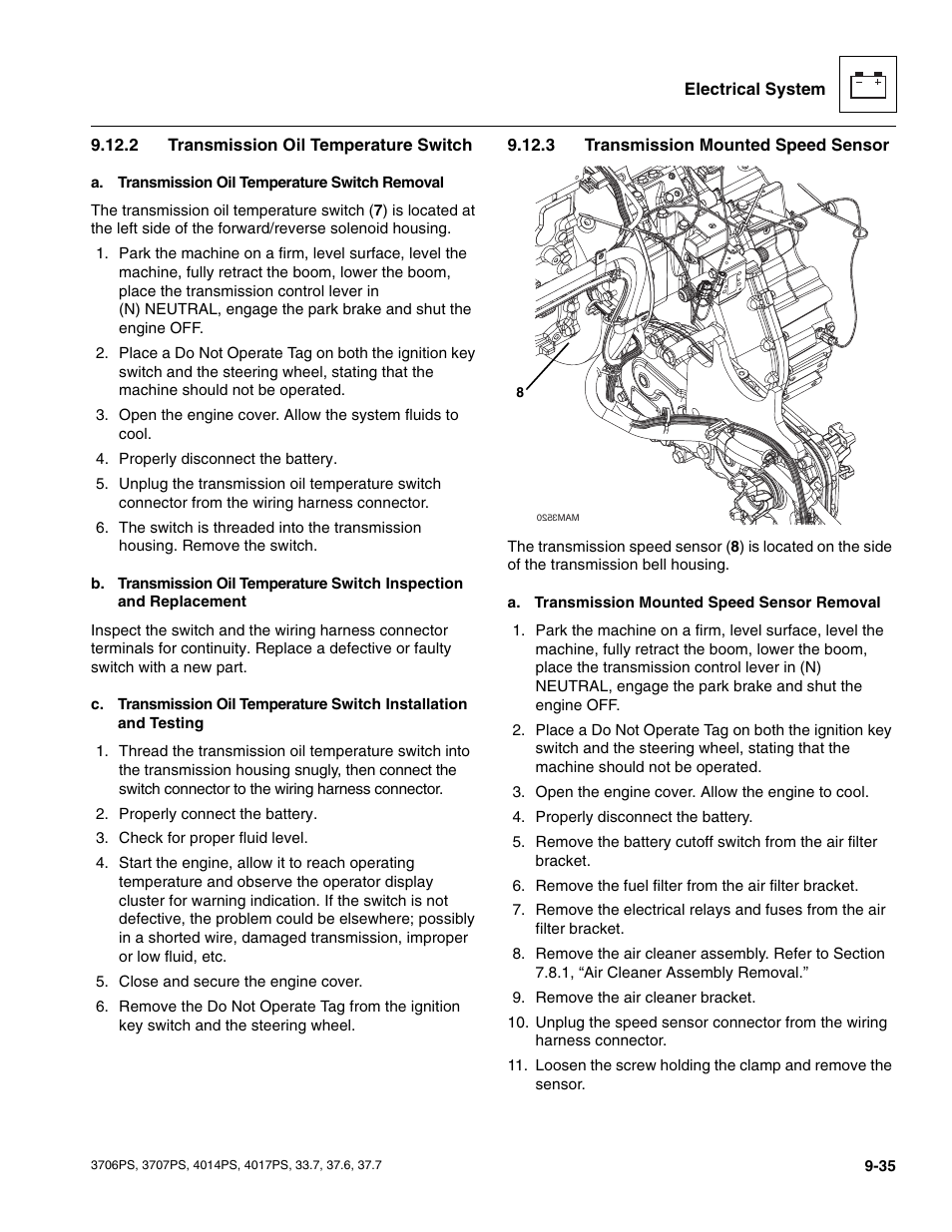 2 transmission oil temperature switch, 3 transmission mounted speed sensor, Transmission oil temperature switch | Transmission mounted speed sensor | JLG 4017PS Service Manual User Manual | Page 193 / 264