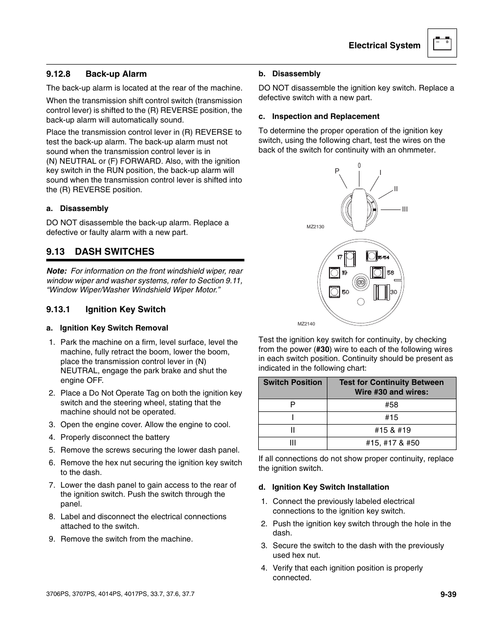 8 back-up alarm, 13 dash switches, 1 ignition key switch | Dash switches, Back-up alarm, Ignition key switch | JLG 4017PS Service Manual User Manual | Page 197 / 264