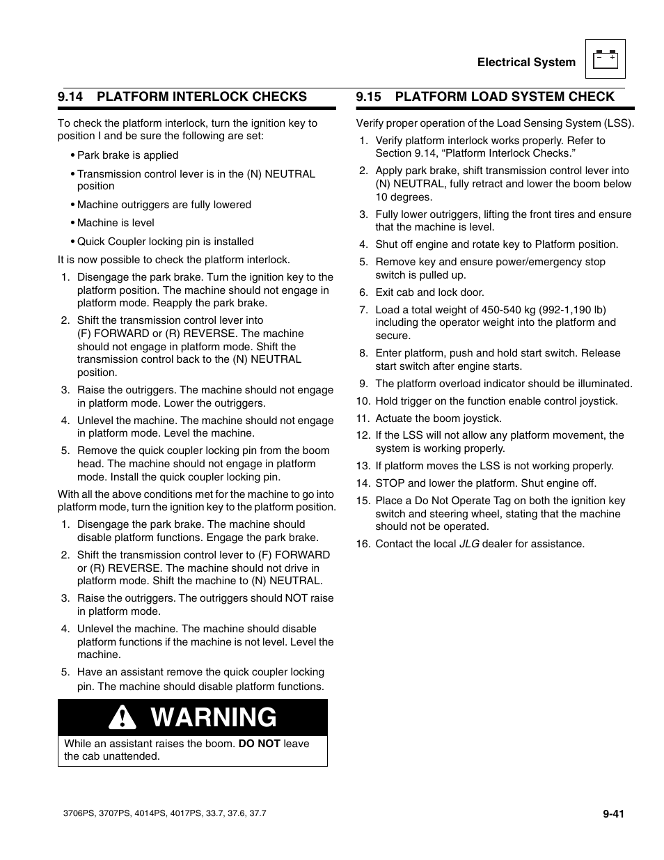 14 platform interlock checks, 15 platform load system check, Platform interlock checks | Platform load system check, Warning | JLG 4017PS Service Manual User Manual | Page 199 / 264