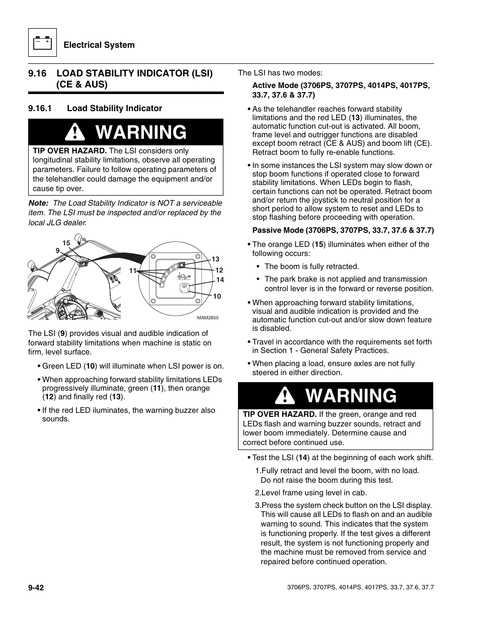 16 load stability indicator (lsi) (ce & aus), 1 load stability indicator, Load stability indicator (lsi) (ce & aus) | Load stability indicator, Warning | JLG 4017PS Service Manual User Manual | Page 200 / 264