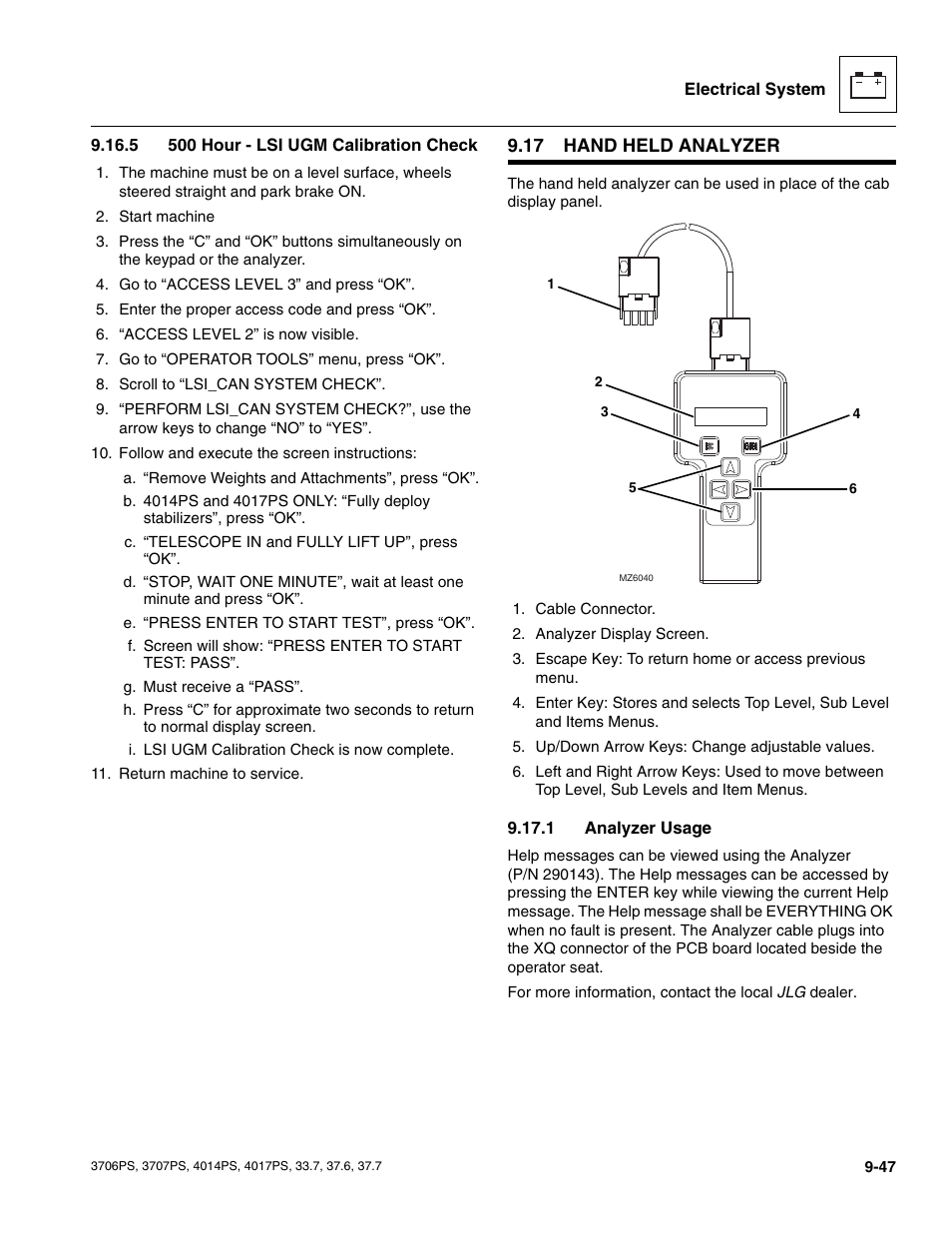 5 500 hour - lsi ugm calibration check, 17 hand held analyzer, 1 analyzer usage | Hand held analyzer, 500 hour - lsi ugm calibration check, Analyzer usage | JLG 4017PS Service Manual User Manual | Page 205 / 264