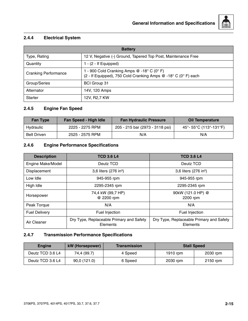 4 electrical system, 5 engine fan speed, 6 engine performance specifications | 7 transmission performance specifications, Electrical system, Engine fan speed, Engine performance specifications, Transmission performance specifications | JLG 4017PS Service Manual User Manual | Page 27 / 264