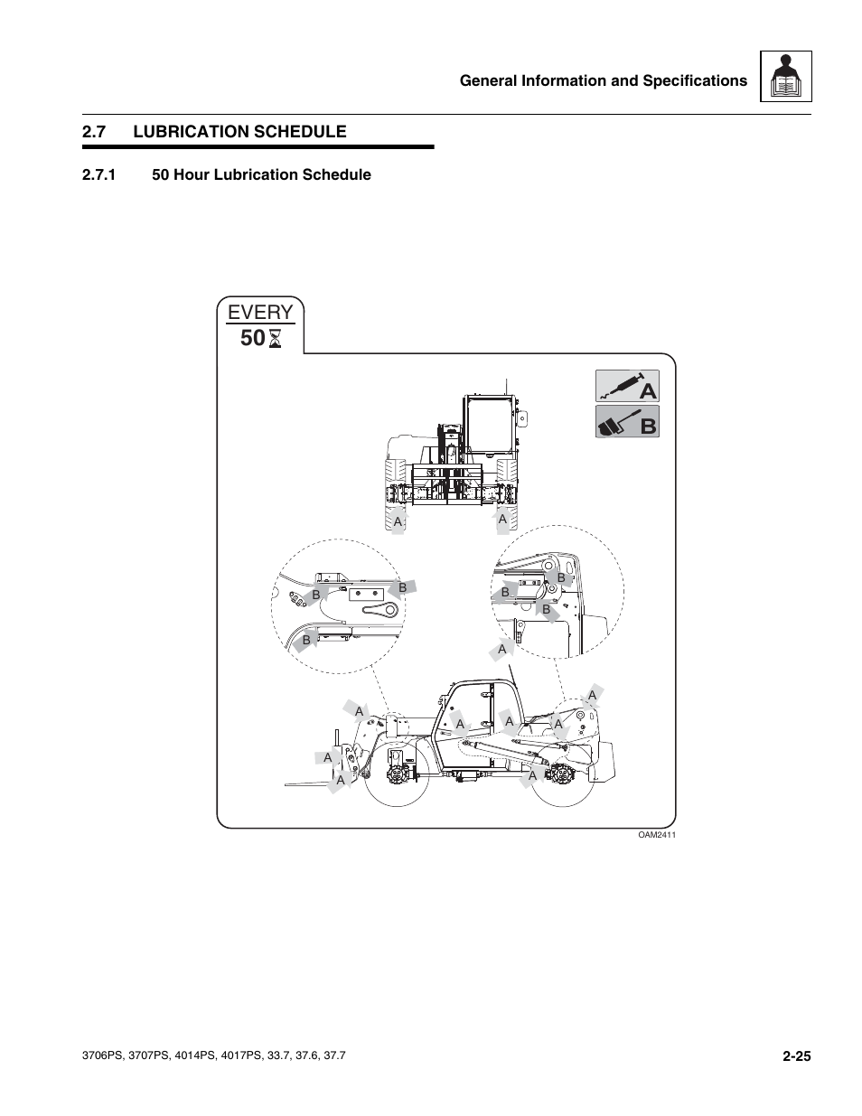 7 lubrication schedule, 1 50 hour lubrication schedule, Lubrication schedule | 50 hour lubrication schedule, Every | JLG 4017PS Service Manual User Manual | Page 37 / 264