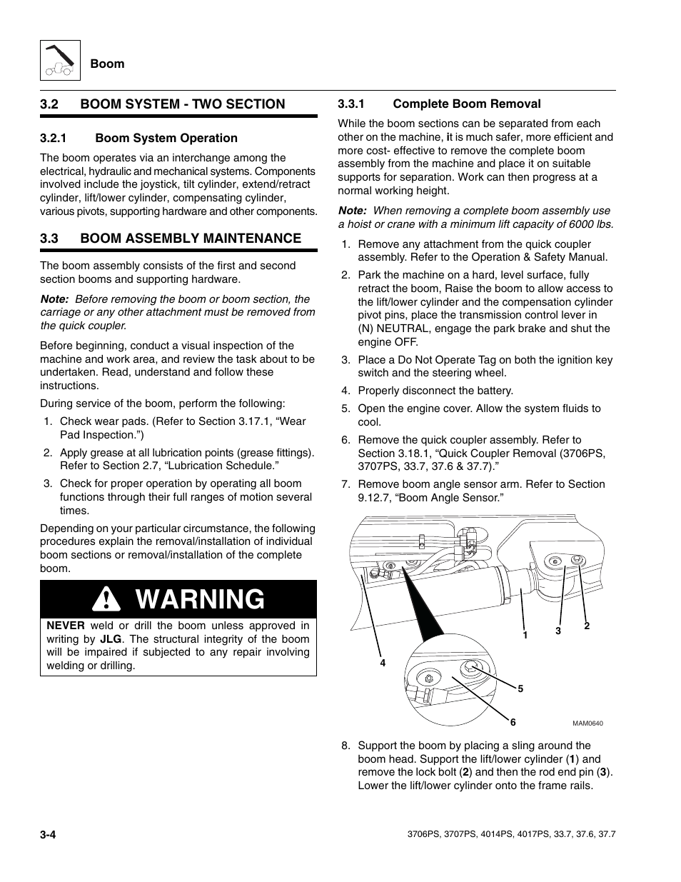 2 boom system - two section, 1 boom system operation, 3 boom assembly maintenance | 1 complete boom removal, Boom system - two section, Boom assembly maintenance, Boom system operation, Complete boom removal, Warning | JLG 4017PS Service Manual User Manual | Page 42 / 264