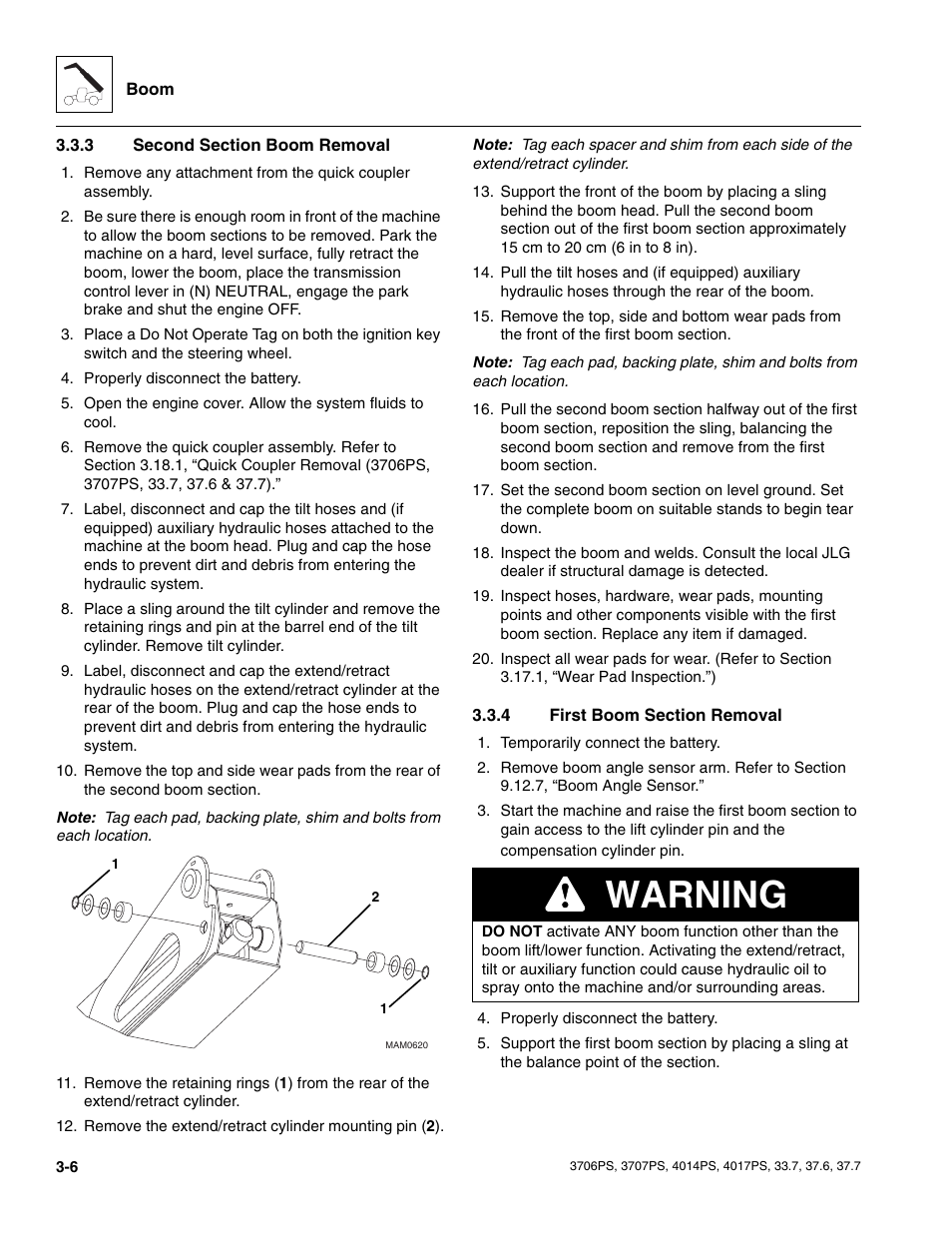 3 second section boom removal, 4 first boom section removal, Second section boom removal | First boom section removal, Warning | JLG 4017PS Service Manual User Manual | Page 44 / 264