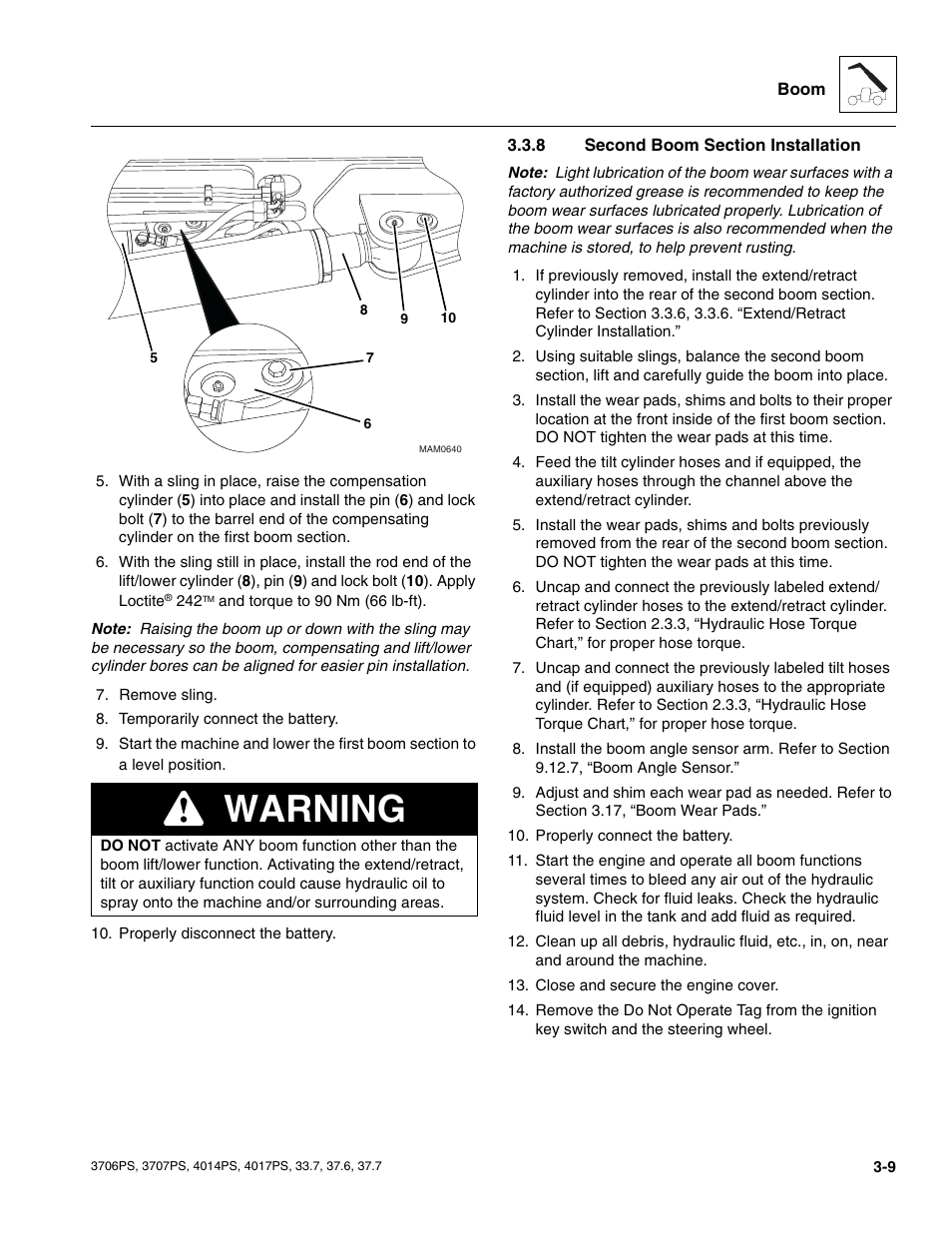 8 second boom section installation, Second boom section installation, Warning | JLG 4017PS Service Manual User Manual | Page 47 / 264