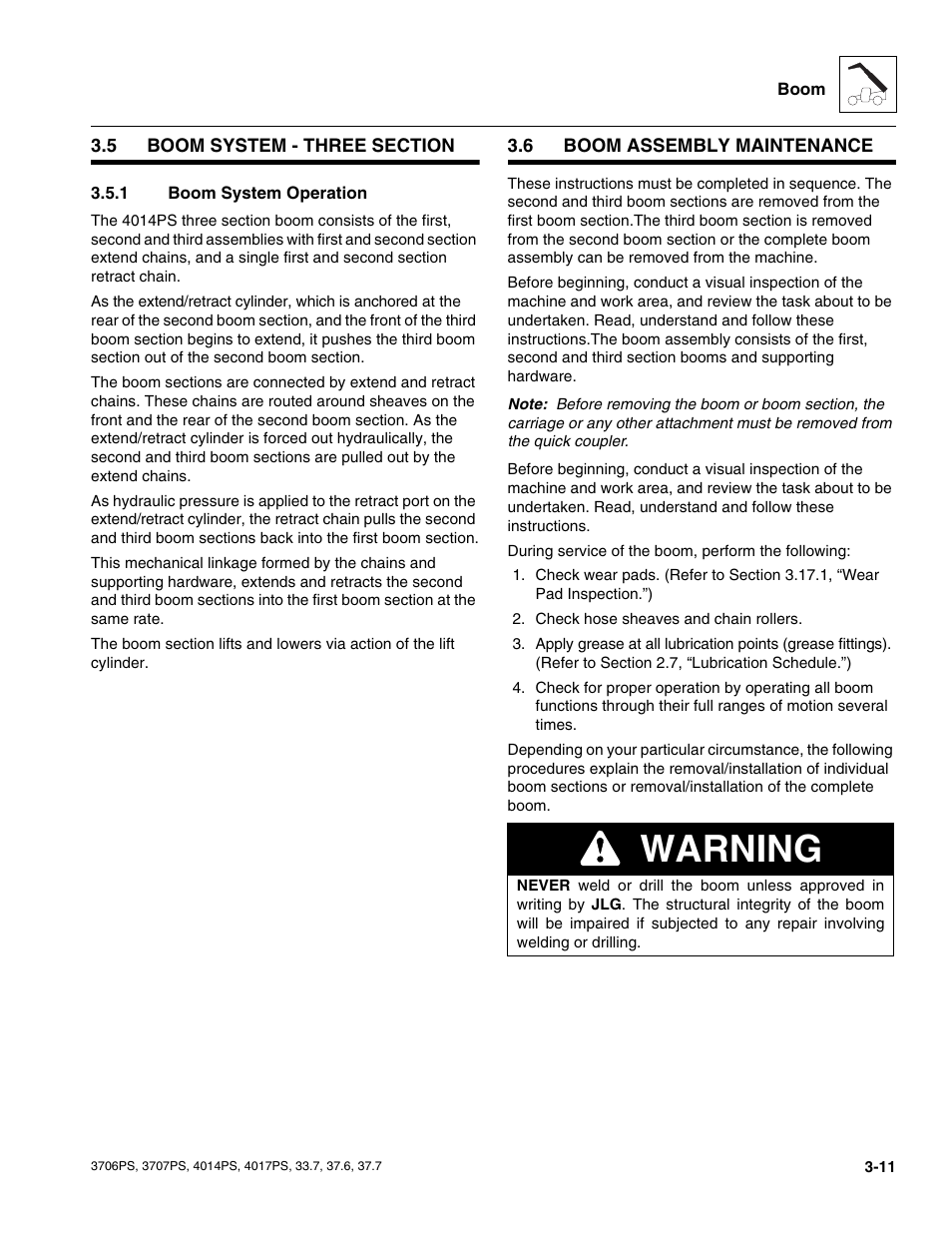 5 boom system - three section, 1 boom system operation, 6 boom assembly maintenance | Boom system - three section, Boom assembly maintenance, Boom system operation, Warning | JLG 4017PS Service Manual User Manual | Page 49 / 264