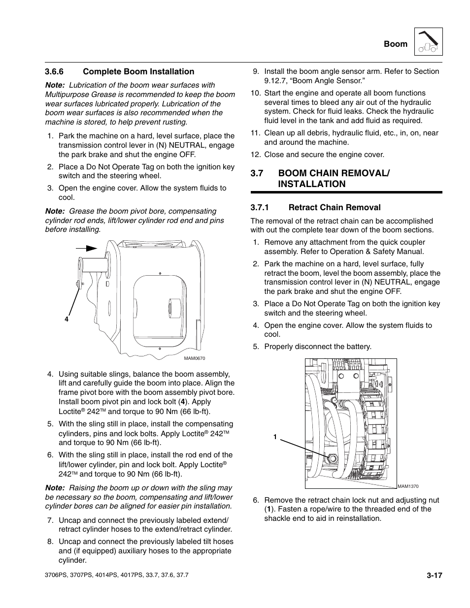 6 complete boom installation, 7 boom chain removal/ installation, 1 retract chain removal | Boom chain removal/installation, Complete boom installation, Retract chain removal | JLG 4017PS Service Manual User Manual | Page 55 / 264