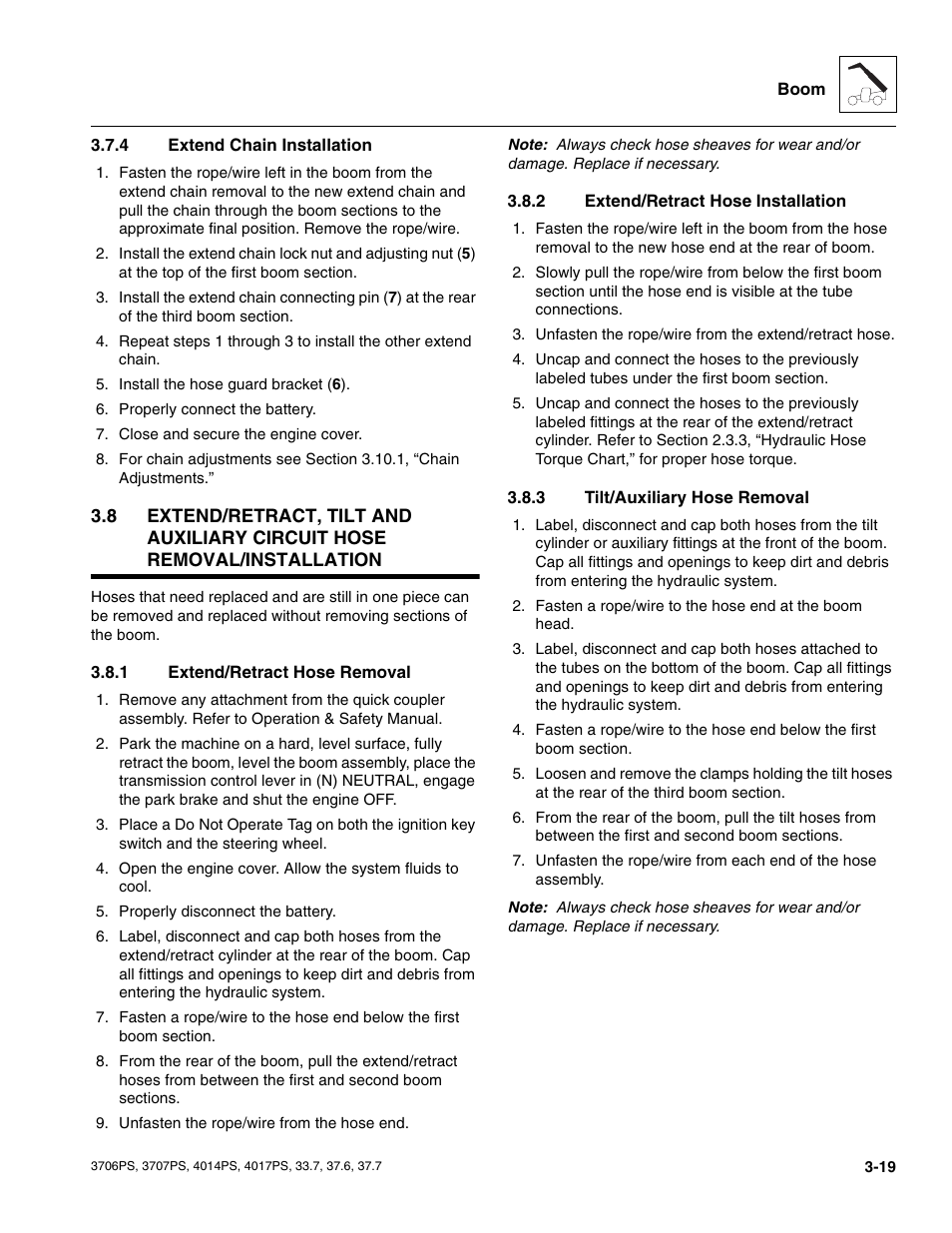 4 extend chain installation, 1 extend/retract hose removal, 2 extend/retract hose installation | 3 tilt/auxiliary hose removal, Extend chain installation, Extend/retract hose removal, Extend/retract hose installation, Tilt/auxiliary hose removal | JLG 4017PS Service Manual User Manual | Page 57 / 264
