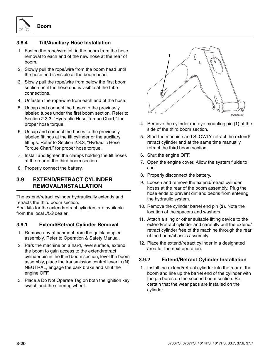 4 tilt/auxiliary hose installation, 9 extend/retract cylinder removal/installation, 1 extend/retract cylinder removal | 2 extend/retract cylinder installation, Extend/retract cylinder removal/installation, Tilt/auxiliary hose installation, Extend/retract cylinder removal, Extend/retract cylinder installation | JLG 4017PS Service Manual User Manual | Page 58 / 264