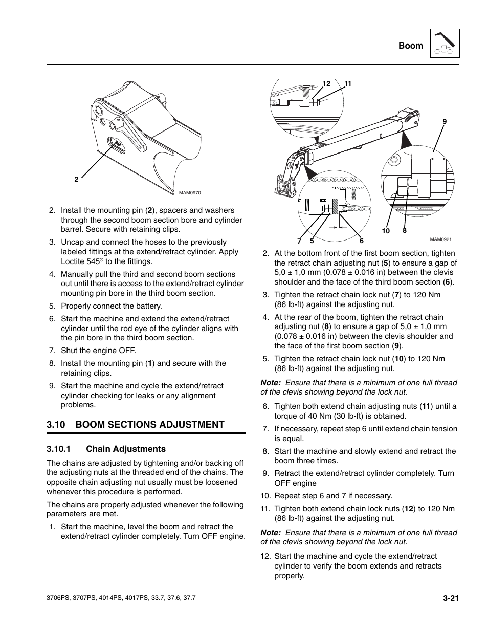 10 boom sections adjustment, 1 chain adjustments, Boom sections adjustment | Chain adjustments | JLG 4017PS Service Manual User Manual | Page 59 / 264