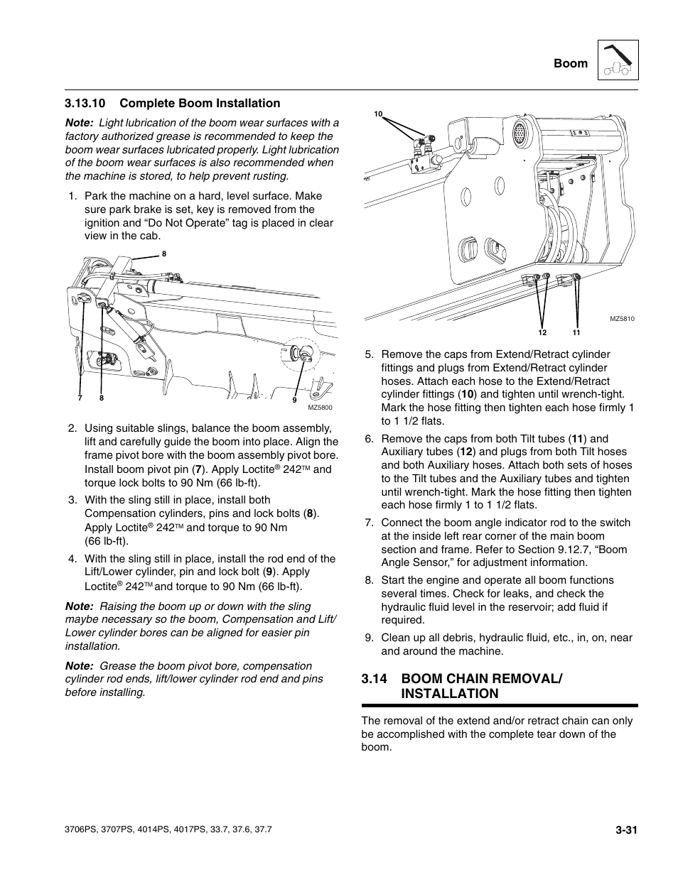 10 complete boom installation, 14 boom chain removal/ installation, Boom chain removal/installation | Complete boom installation | JLG 4017PS Service Manual User Manual | Page 69 / 264