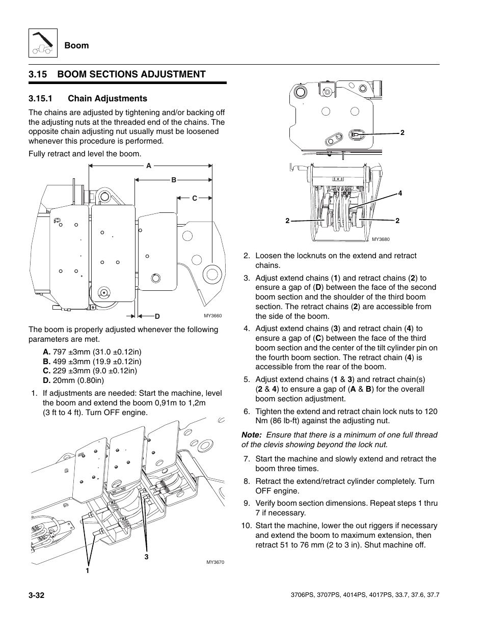 15 boom sections adjustment, 1 chain adjustments, Boom sections adjustment | Chain adjustments | JLG 4017PS Service Manual User Manual | Page 70 / 264