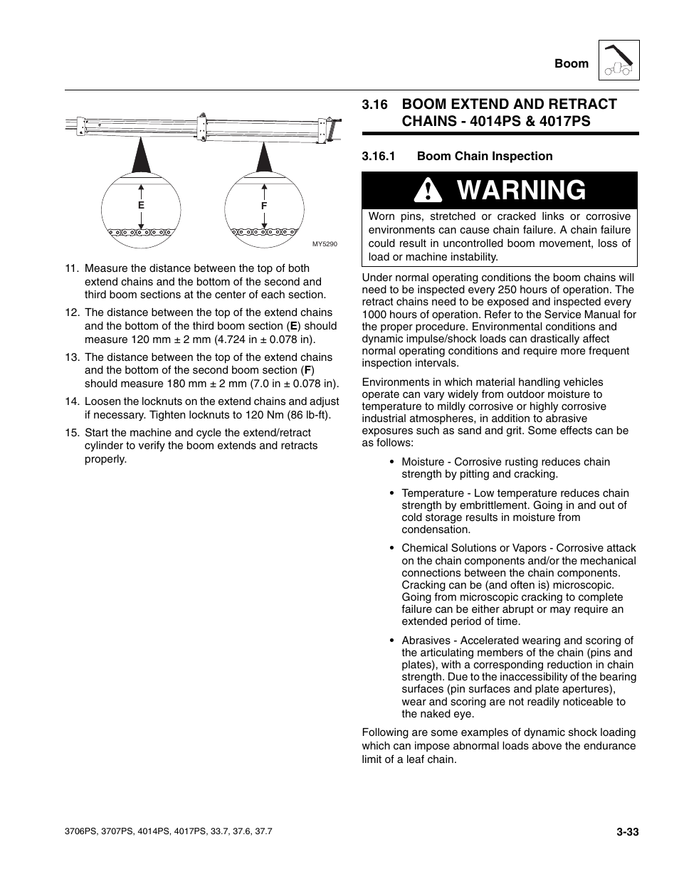 1 boom chain inspection, Boom extend and retract chains - 4014ps & 4017ps, Boom chain inspection | Warning | JLG 4017PS Service Manual User Manual | Page 71 / 264
