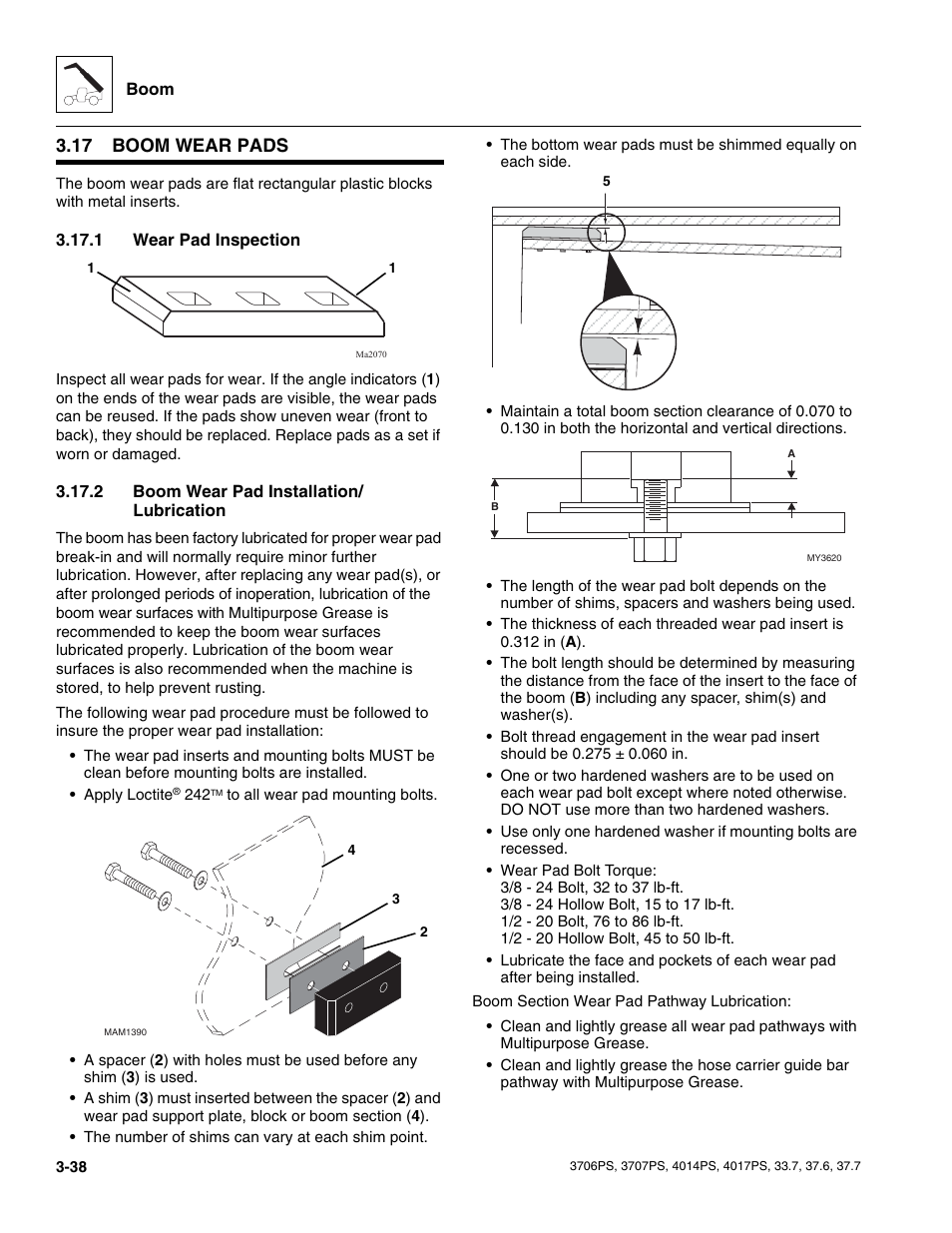 17 boom wear pads, 1 wear pad inspection, 2 boom wear pad installation/ lubrication | Boom wear pads, Wear pad inspection, Boom wear pad installation/lubrication, Section 3.17.1, “wear, Pad inspection.”), Section, 1, “wear pad inspection.”) | JLG 4017PS Service Manual User Manual | Page 76 / 264