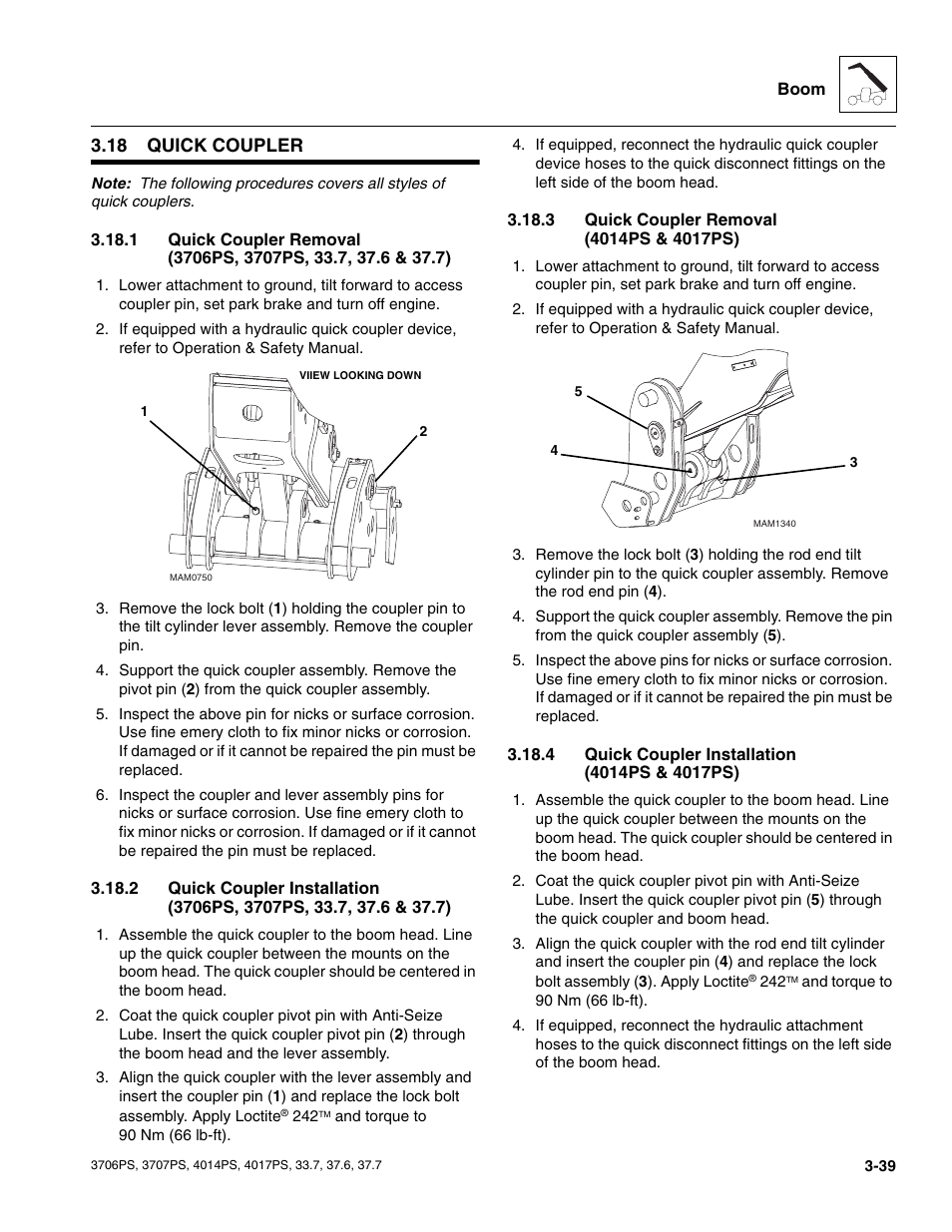 18 quick coupler, 3 quick coupler removal (4014ps & 4017ps), 4 quick coupler installation (4014ps & 4017ps) | Quick coupler, Quick coupler removal (4014ps & 4017ps), Quick coupler installation (4014ps & 4017ps) | JLG 4017PS Service Manual User Manual | Page 77 / 264