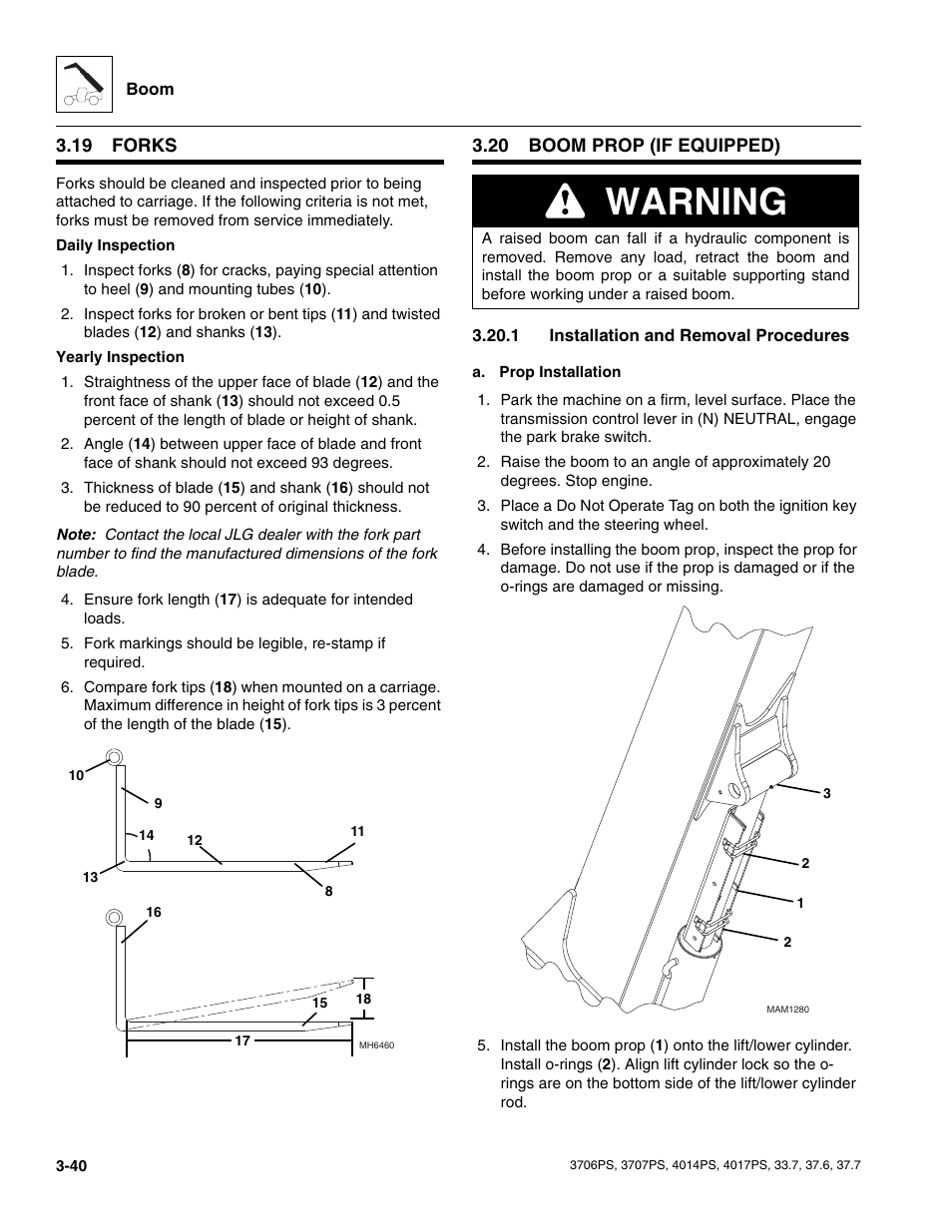 19 forks, 20 boom prop (if equipped), 1 installation and removal procedures | Forks, Boom prop (if equipped), Installation and removal procedures, Warning | JLG 4017PS Service Manual User Manual | Page 78 / 264