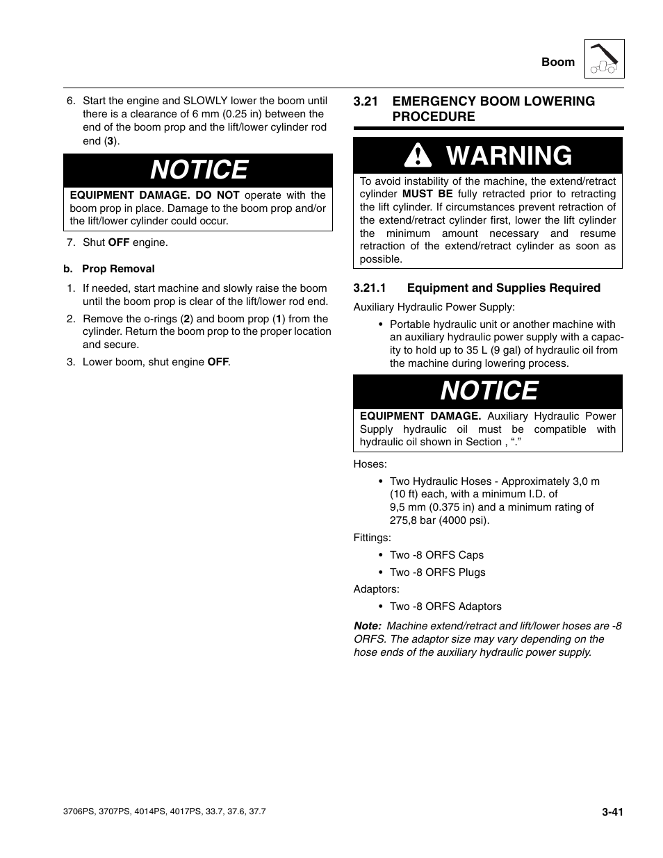 21 emergency boom lowering procedure, 1 equipment and supplies required, Emergency boom lowering procedure | Equipment and supplies required, Notice, Warning | JLG 4017PS Service Manual User Manual | Page 79 / 264