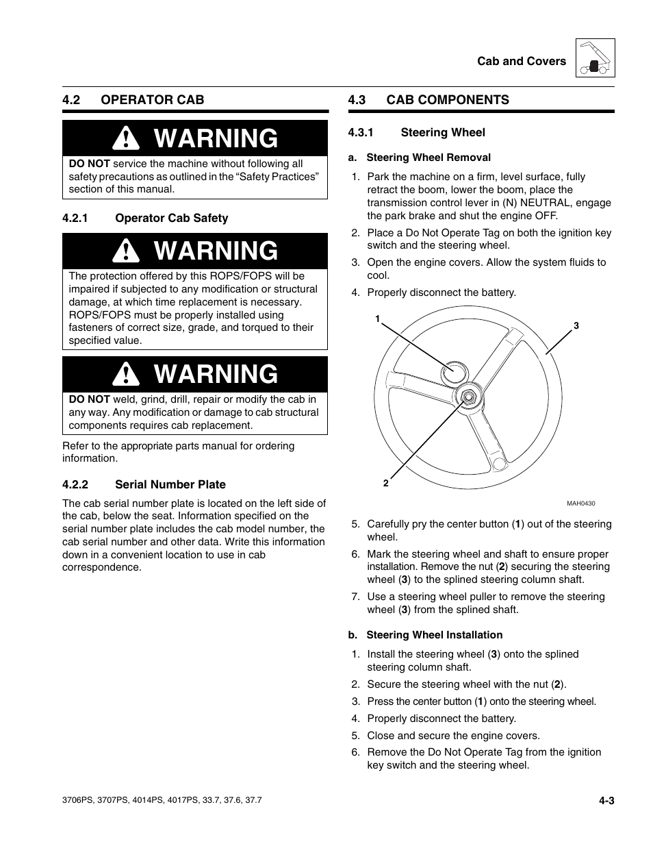 2 operator cab, 1 operator cab safety, 2 serial number plate | 3 cab components, 1 steering wheel, Operator cab, Cab components, Operator cab safety, Serial number plate, Steering wheel | JLG 4017PS Service Manual User Manual | Page 87 / 264